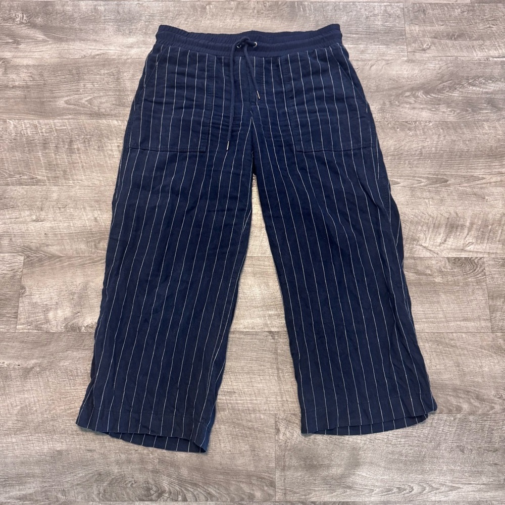 Athleta Bali Cropped Linen Wide Leg Pants Navy White Pin Stripe Womens Sz. S